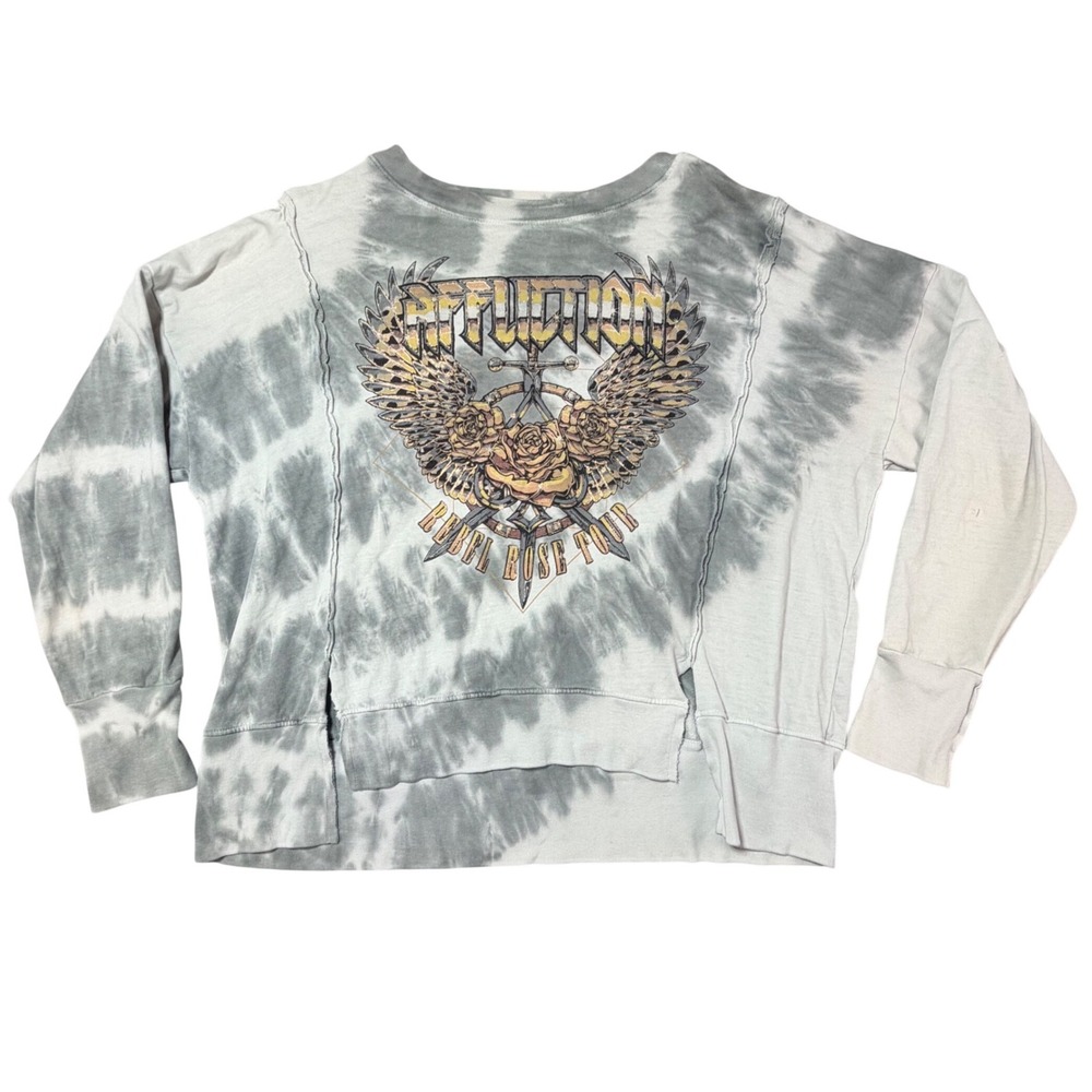 Affliction Rebel Rose Tour Tie Dye Sweatshirt Grey White Graphic Medium